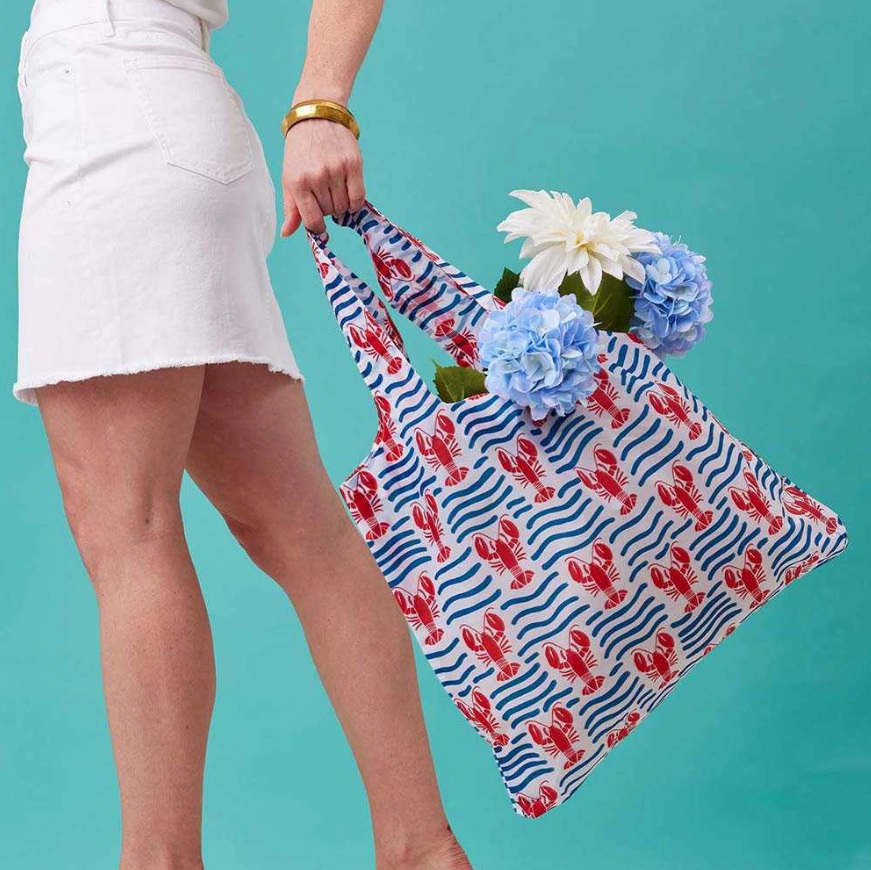 Rock Flower Paper Blu Bag – reusable shopping tote in colorful Lobster Wave print