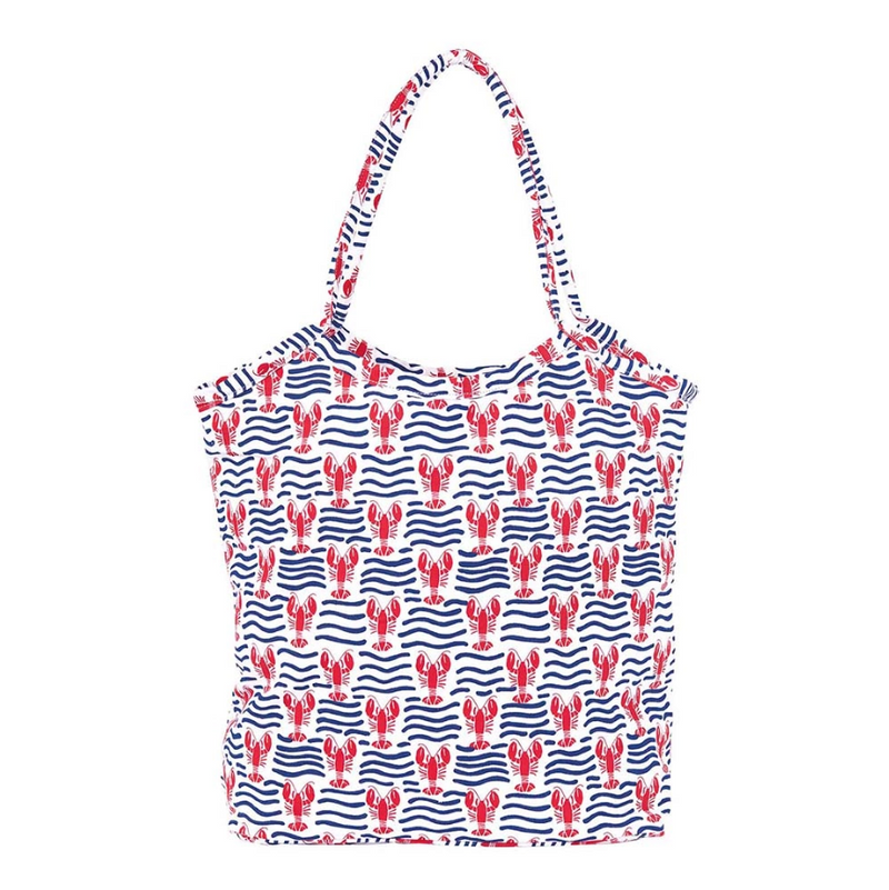 Stylish oversized canvas tote with hard bottom and self-fabric handles – ideal for beach or travel in the pattern Lobster Waves