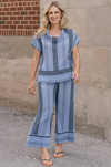 Front view of Villa Pant in black striped cotton gauze Lavender Tonic