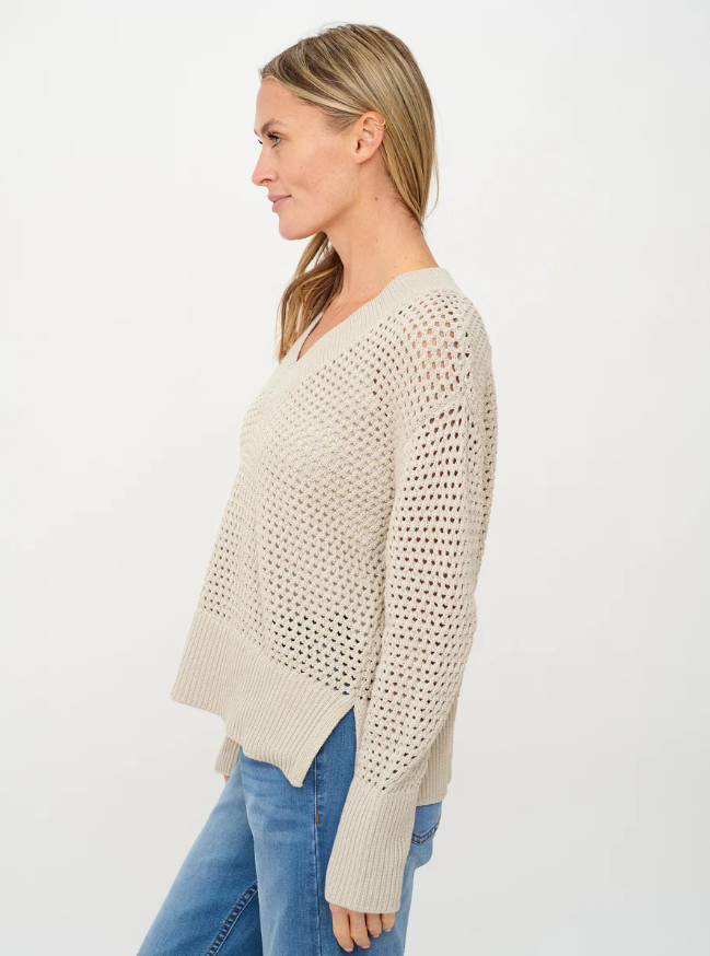 Cameron Crochet Sweater with V-neck and open-knit texture on model