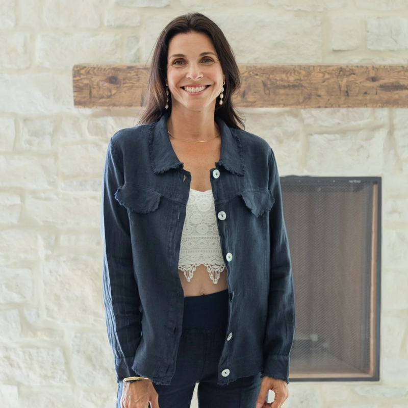 Linen Button Jacket | Top w/ Fraying Detail