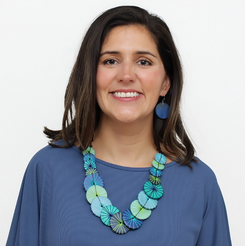 Model wearing Azalea Necklace with a simple outfit Blue