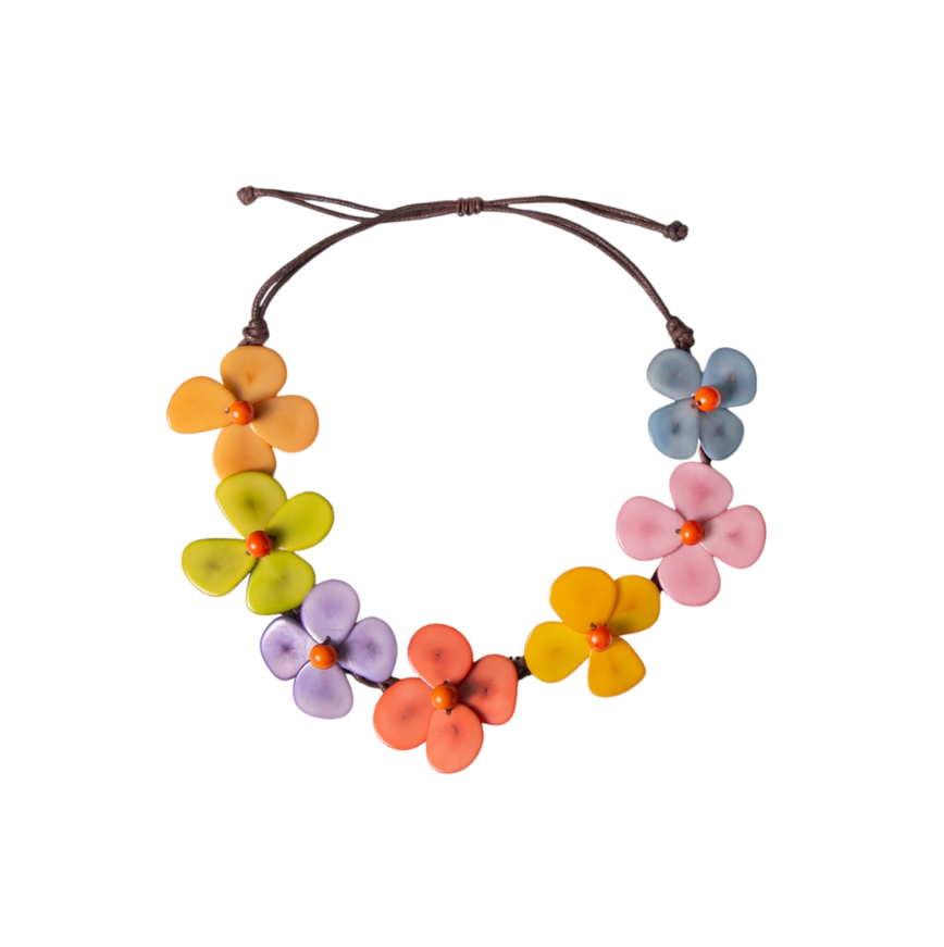 Eco-friendly floral necklace with adjustable faux leather cord pastel Multi