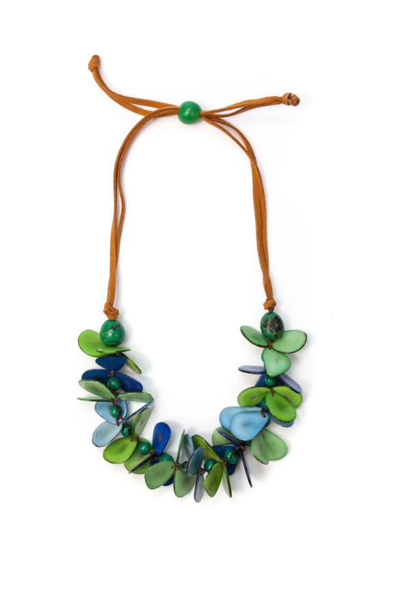 Mariposa Necklace made from tagua and Bombona seeds, handmade in Ecuador in Azul Combo