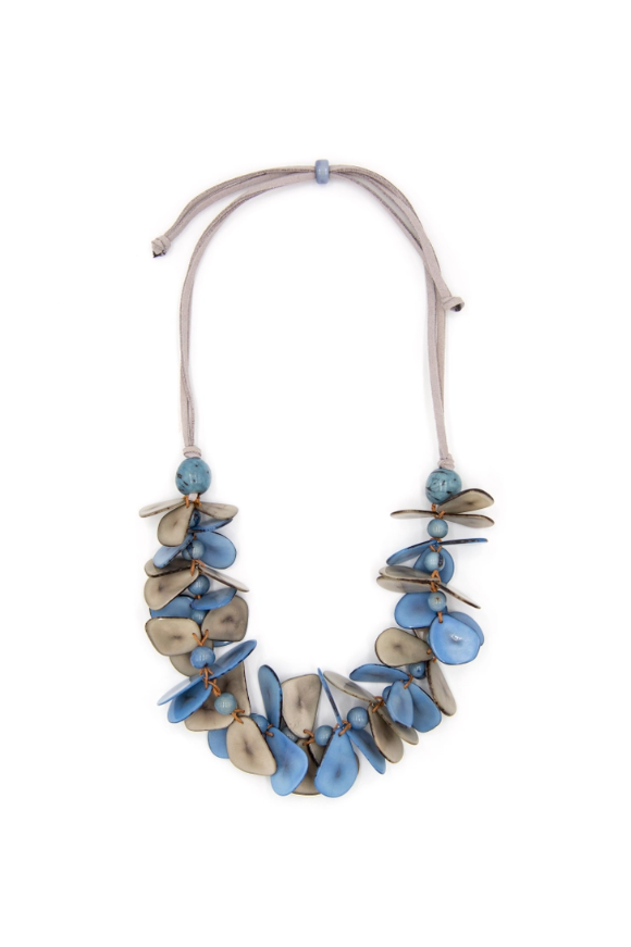 Mariposa Necklace made from tagua and Bombona seeds, handmade in Ecuador in Azul Combo