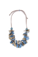 Eco-friendly artisan necklace with vibrant vegetable-dyed tagua and seeds in Biscayne Blue Combo