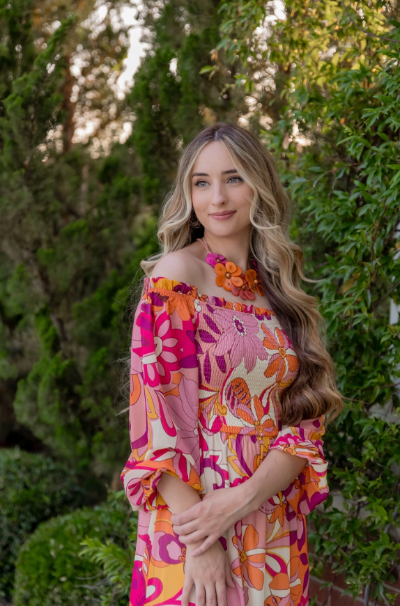 Model wearing Rosalia Tagua Necklace, available at The Lazy Daisy in Ogunquit