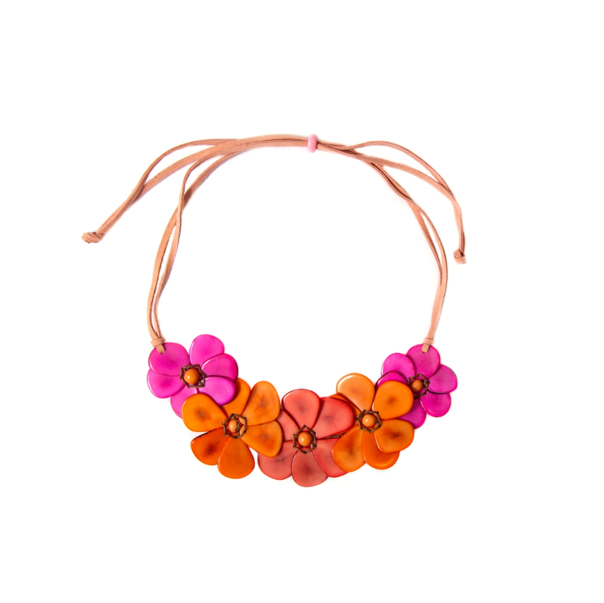 Rosalia Tagua Necklace featuring handmade floral tagua flowers and açaí berries in Ivory and Turquoise
