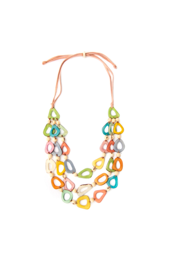 Layered May Necklace made from colorful tagua and açaí berries, handmade in Ecuador in Multi
