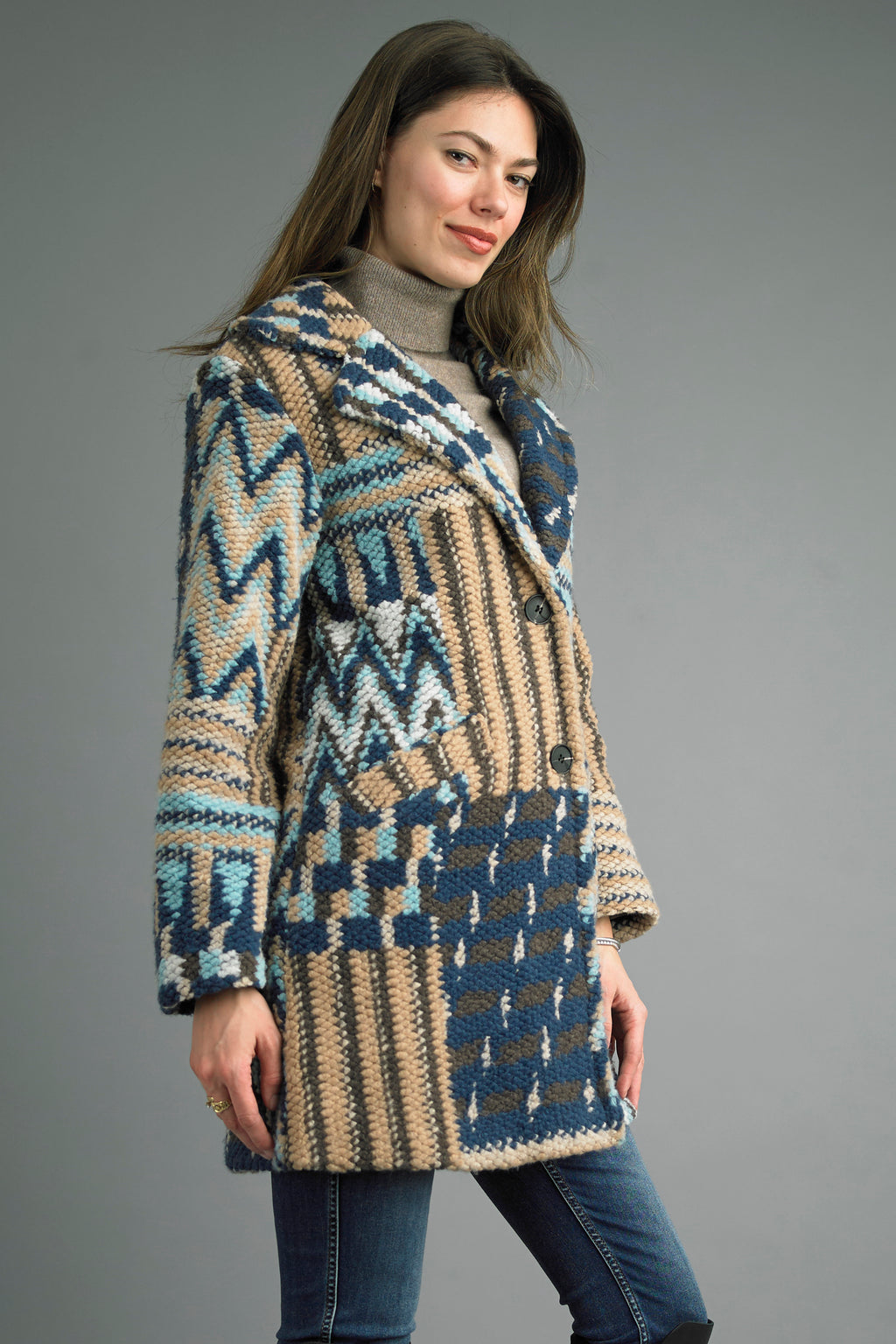 Tempo Paris Bouclé Pattern Coat with bold colors and notched collar