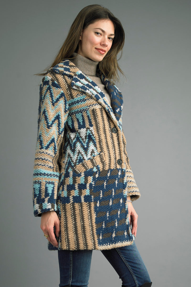 Side view of Tempo Paris Bouclé Pattern Coat styled for fall
