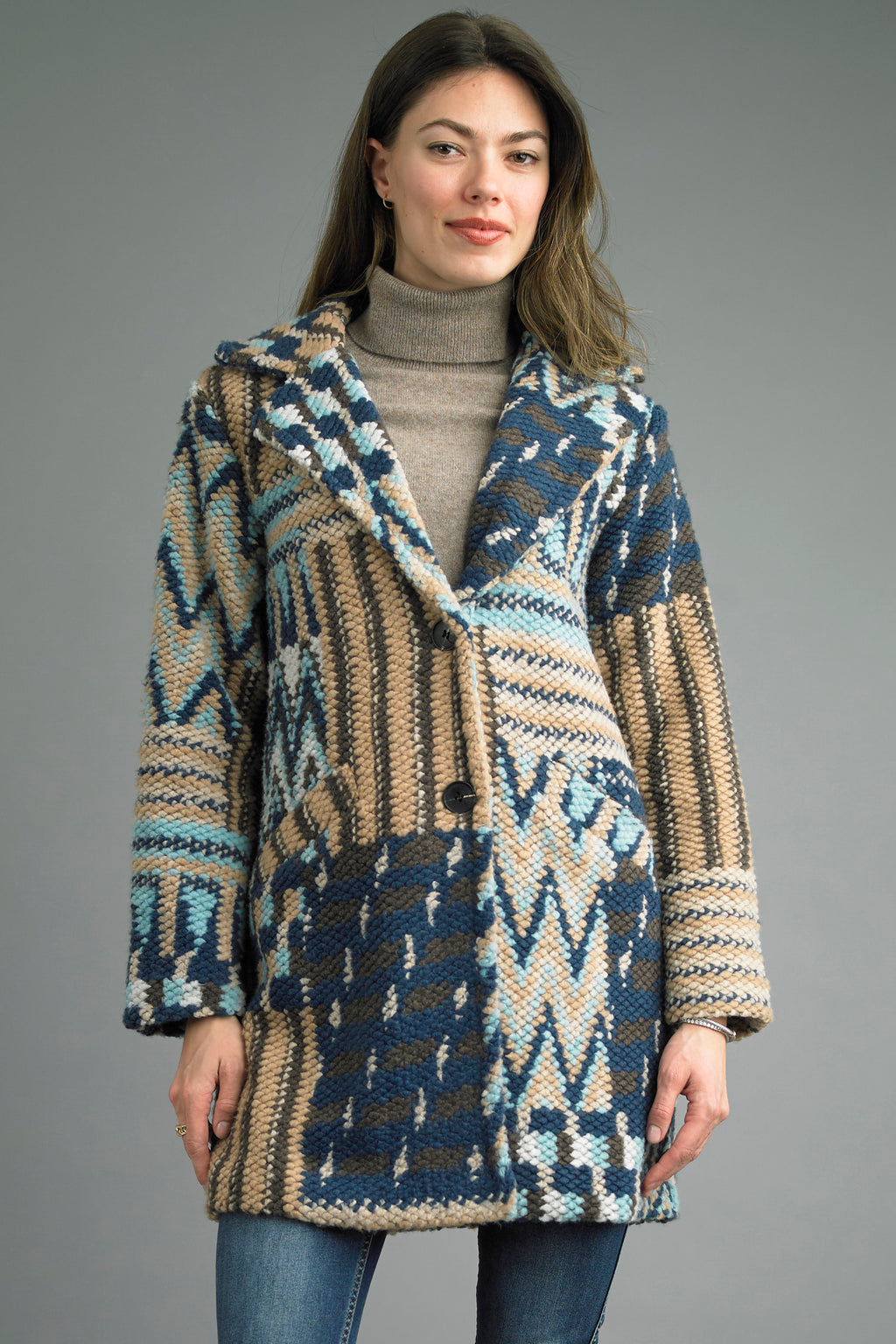 Tempo Paris Bouclé Pattern Coat with bold colors and notched collar