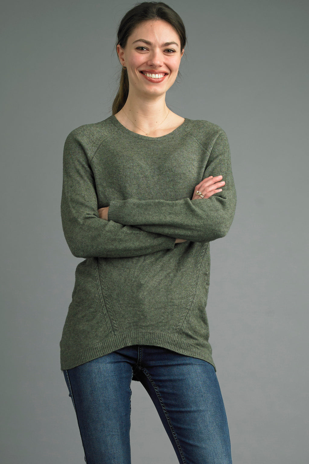 Tempo Paris Olive Crew Neck Sweater with angled stitching detail