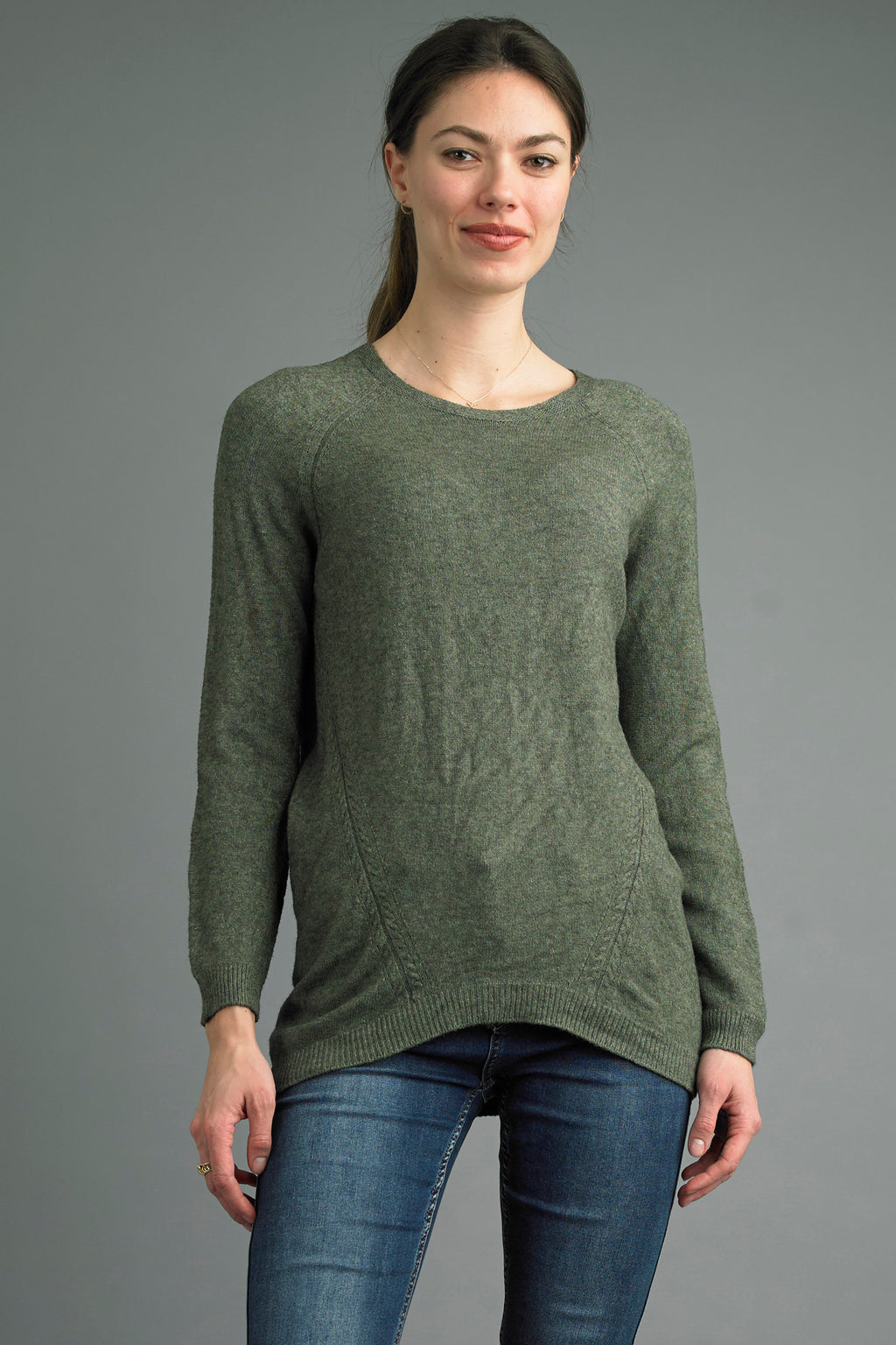 Tempo Paris Olive Crew Neck Sweater with angled stitching detail