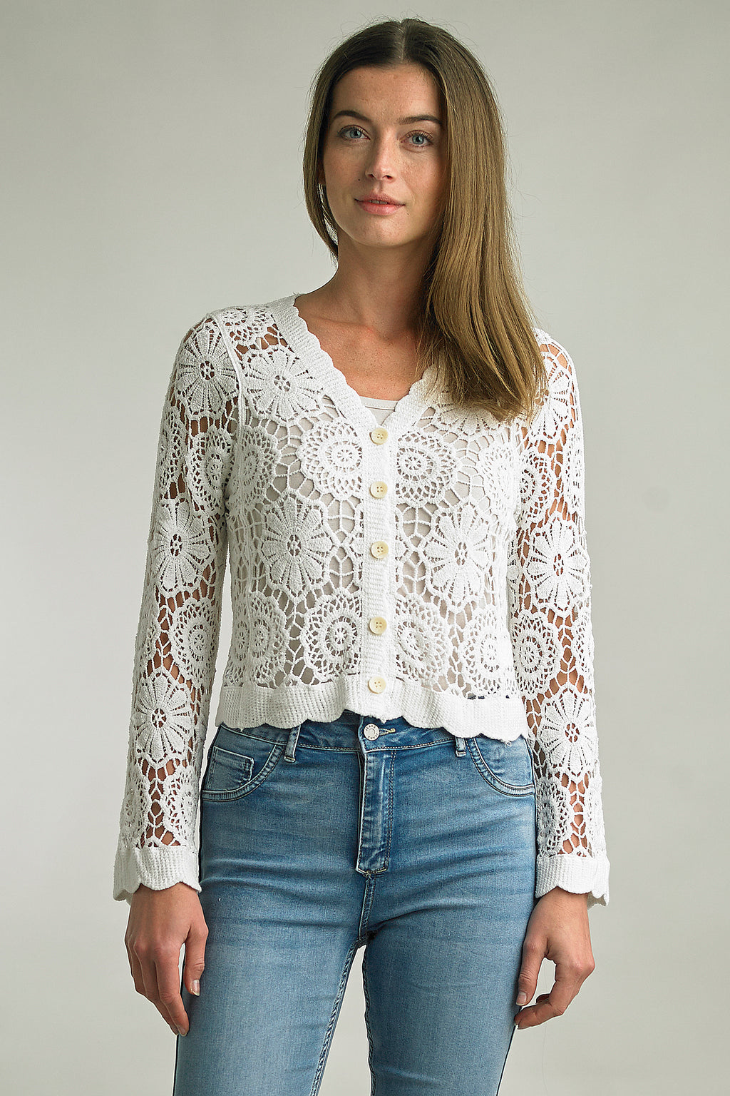 Tempo Paris Floral Crochet Cardigan with V-neck and button front, 100% cotton, cropped fit.