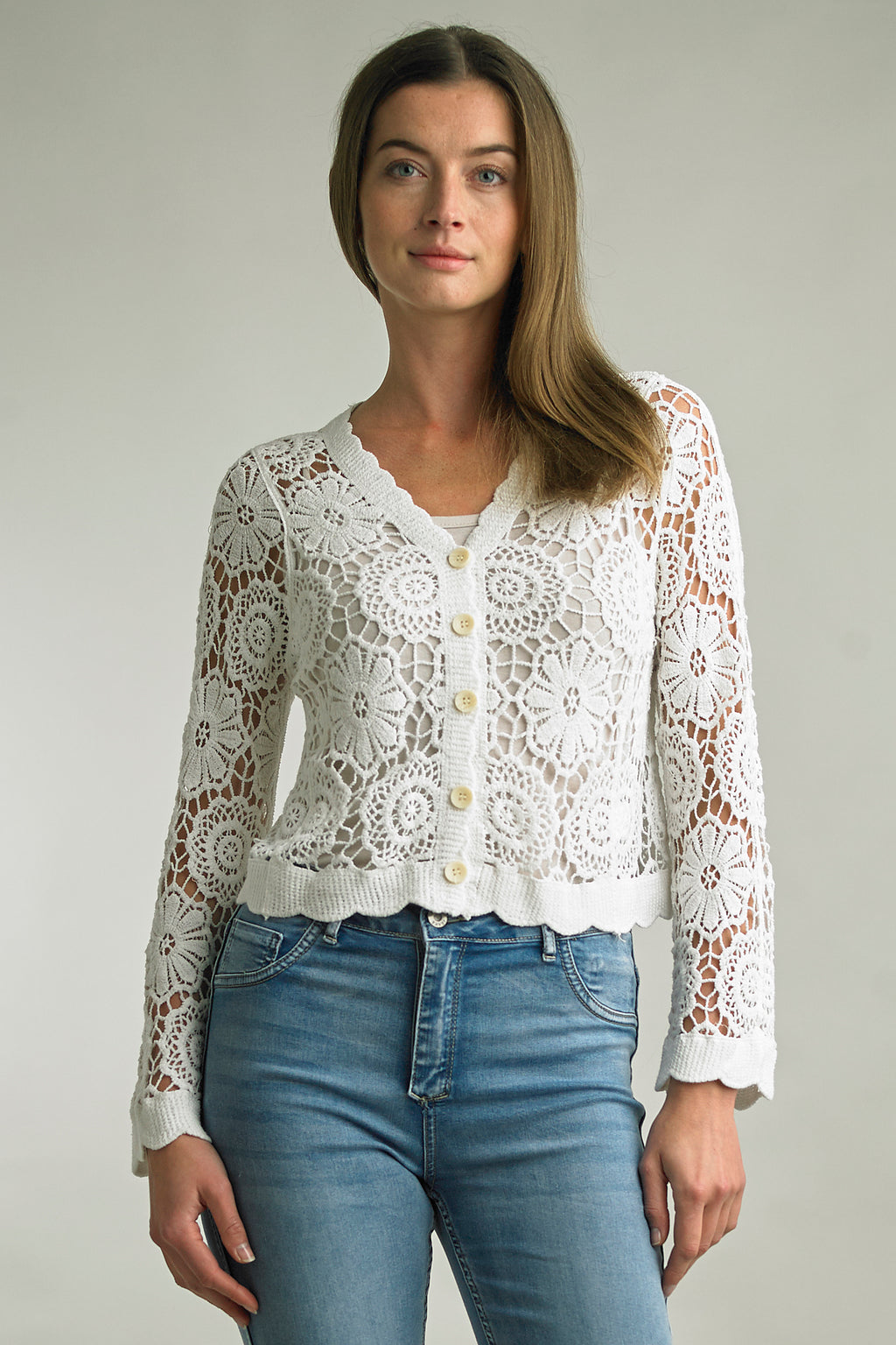 Tempo Paris Floral Crochet Cardigan with V-neck and button front, 100% cotton, cropped fit.