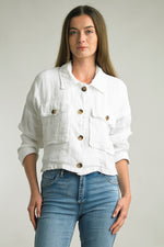 Cropped linen jacket with button front and scallop pockets in White