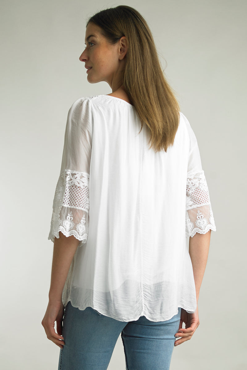Washed silk embroidered tunic top from Tempo Paris, made in Italy in the color White