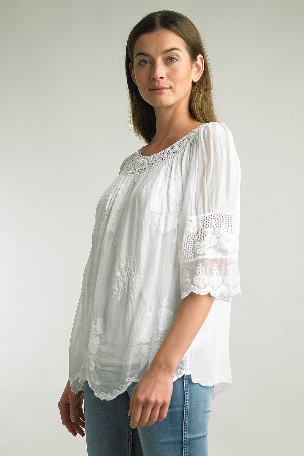 Tempo Paris silk tunic with embroidery and lace details in White