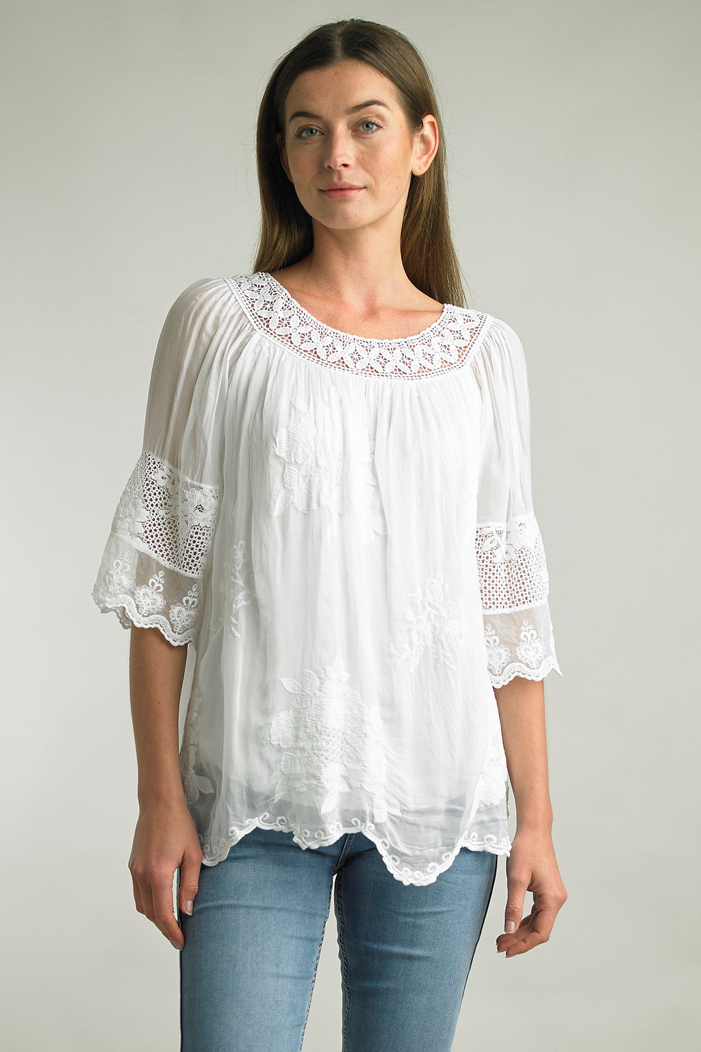 Tempo Paris silk tunic with embroidery and lace details in White