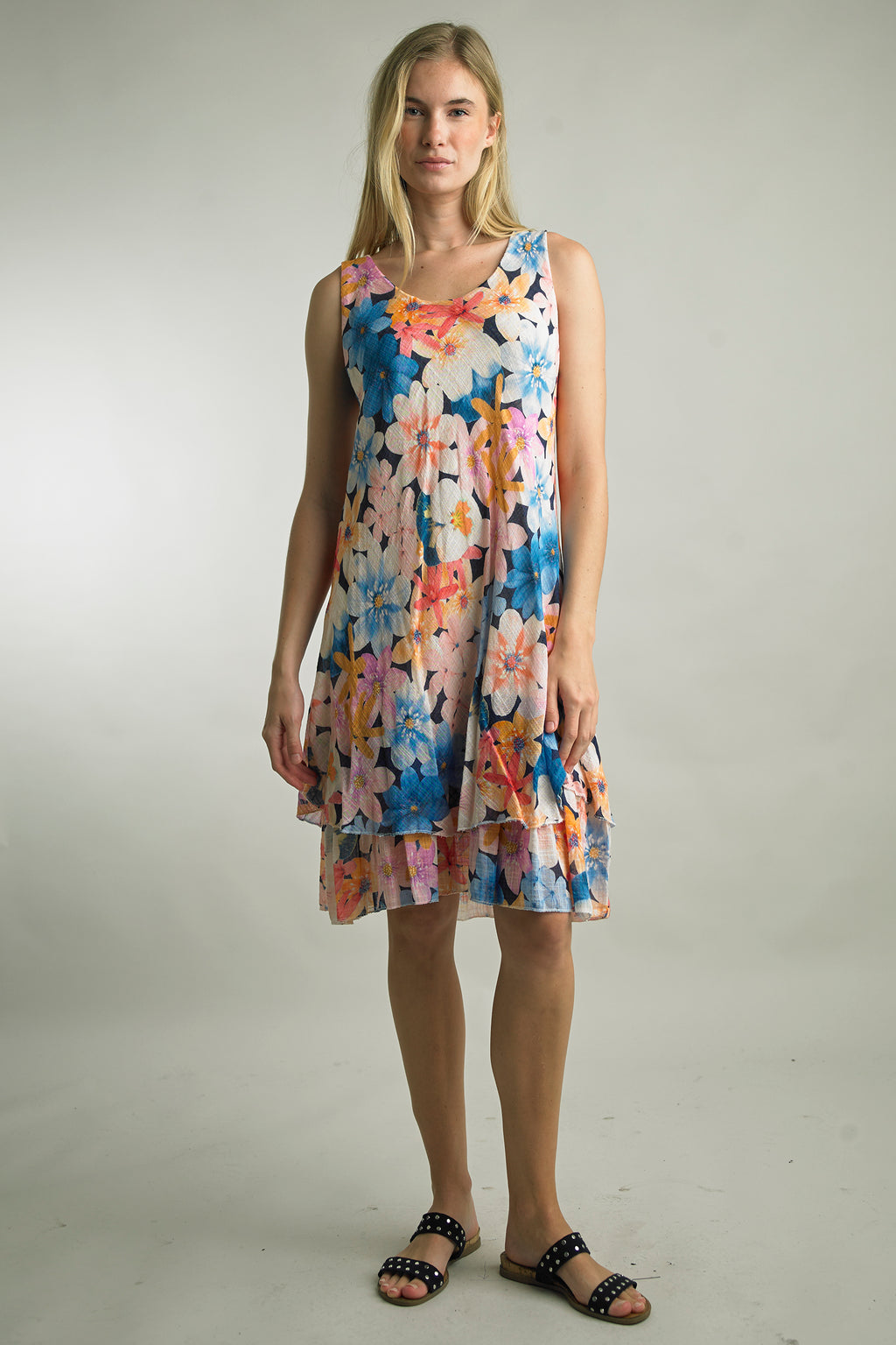 Floral gauze dress with knee-length hem and wide straps