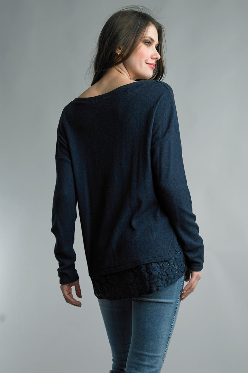Tempo Paris Lace Hem Top Navy