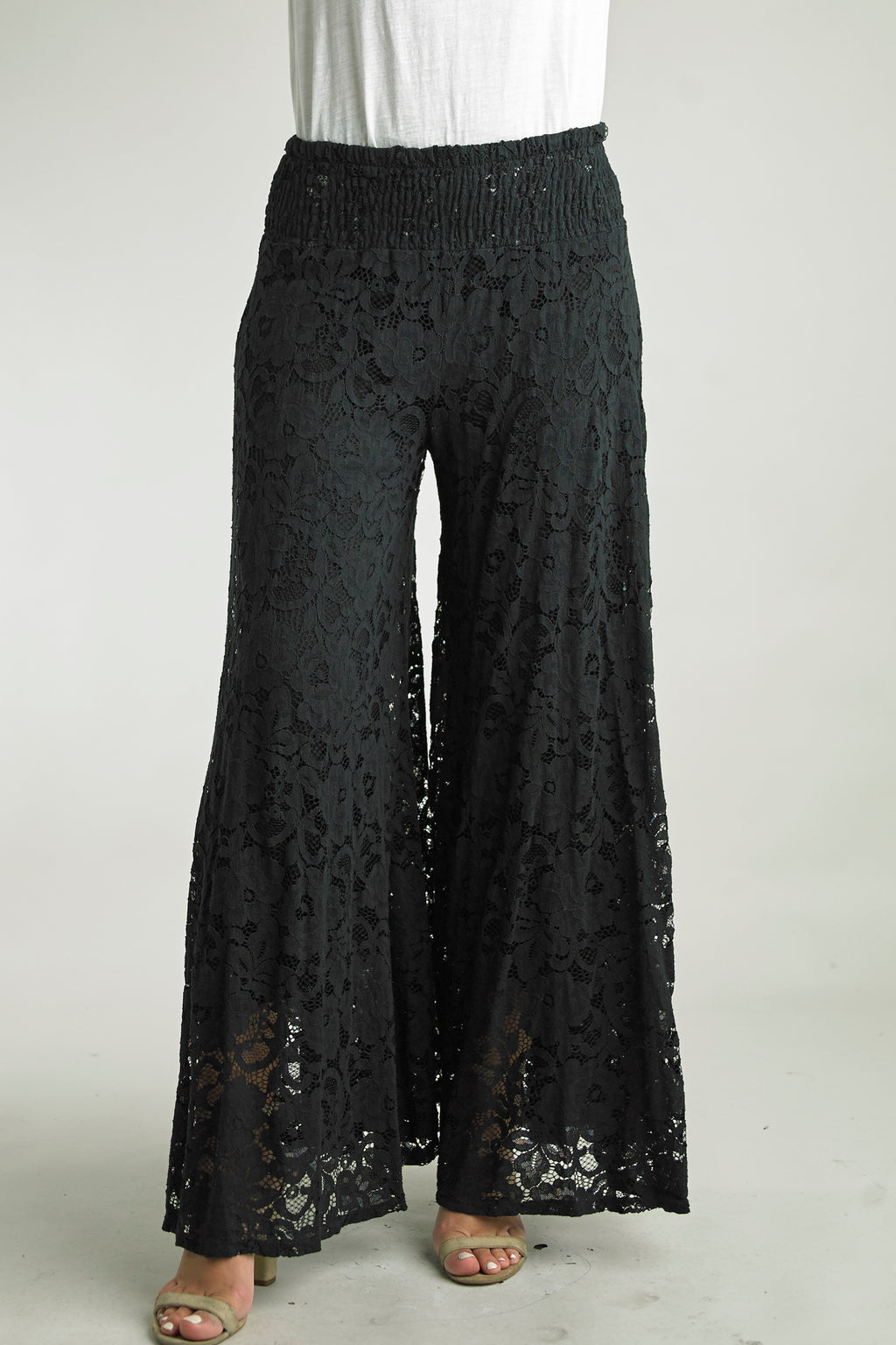 Front view of Tempo Paris lace layered wide-leg pants
