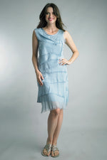 Tempo Paris layered silk summer dress with frayed detail in denim