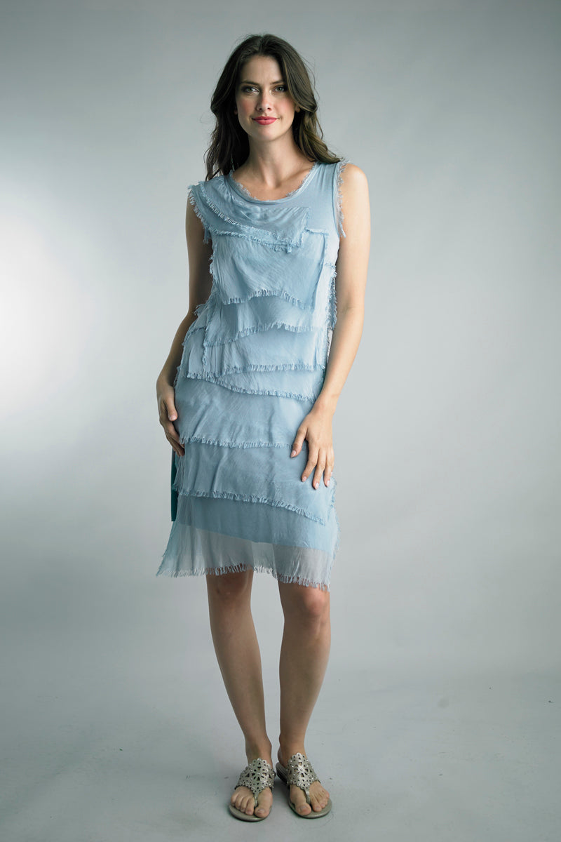 Tempo Paris layered silk summer dress with frayed detail in denim