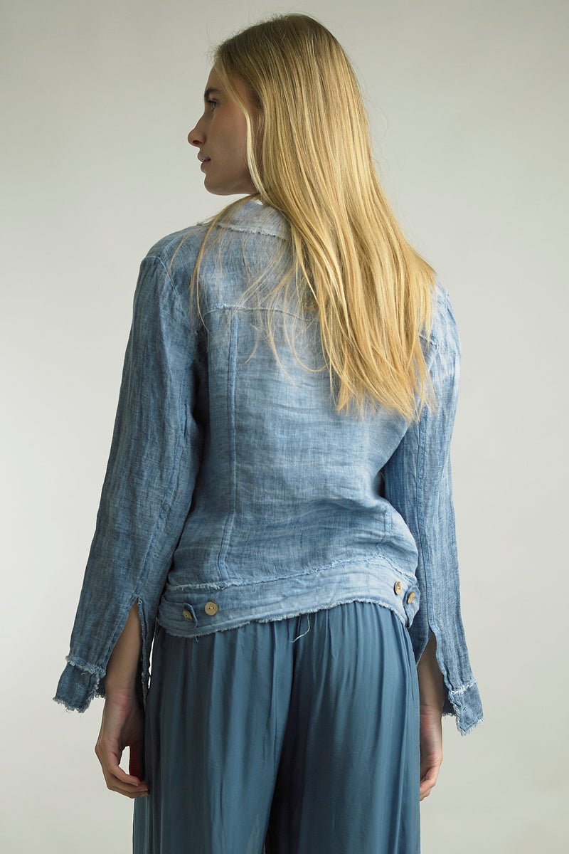 Back view of lightweight washed linen jean jacket in Denim
