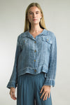 Front view of Tempo Paris Linen Jean Jacket with frayed edges in the color Denim