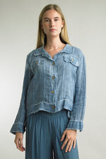 Front view of Tempo Paris Linen Jean Jacket with frayed edges in the color Denim