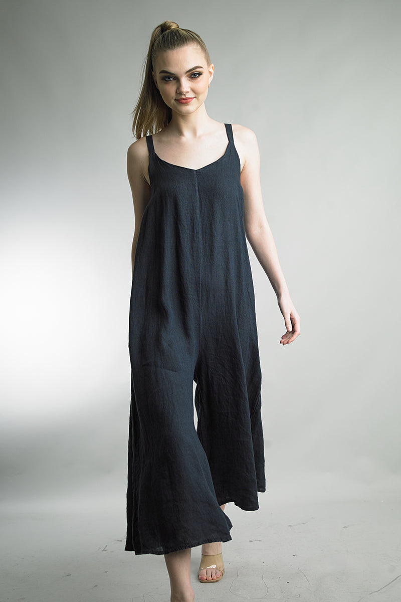 Tempo Paris V-Neck Linen Jumpsuit Navy