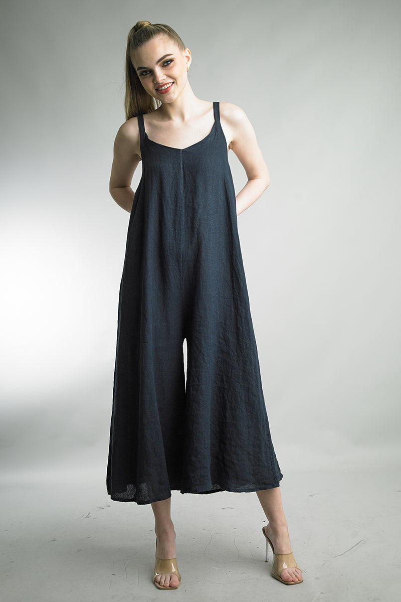 Tempo Paris V-Neck Linen Jumpsuit Navy