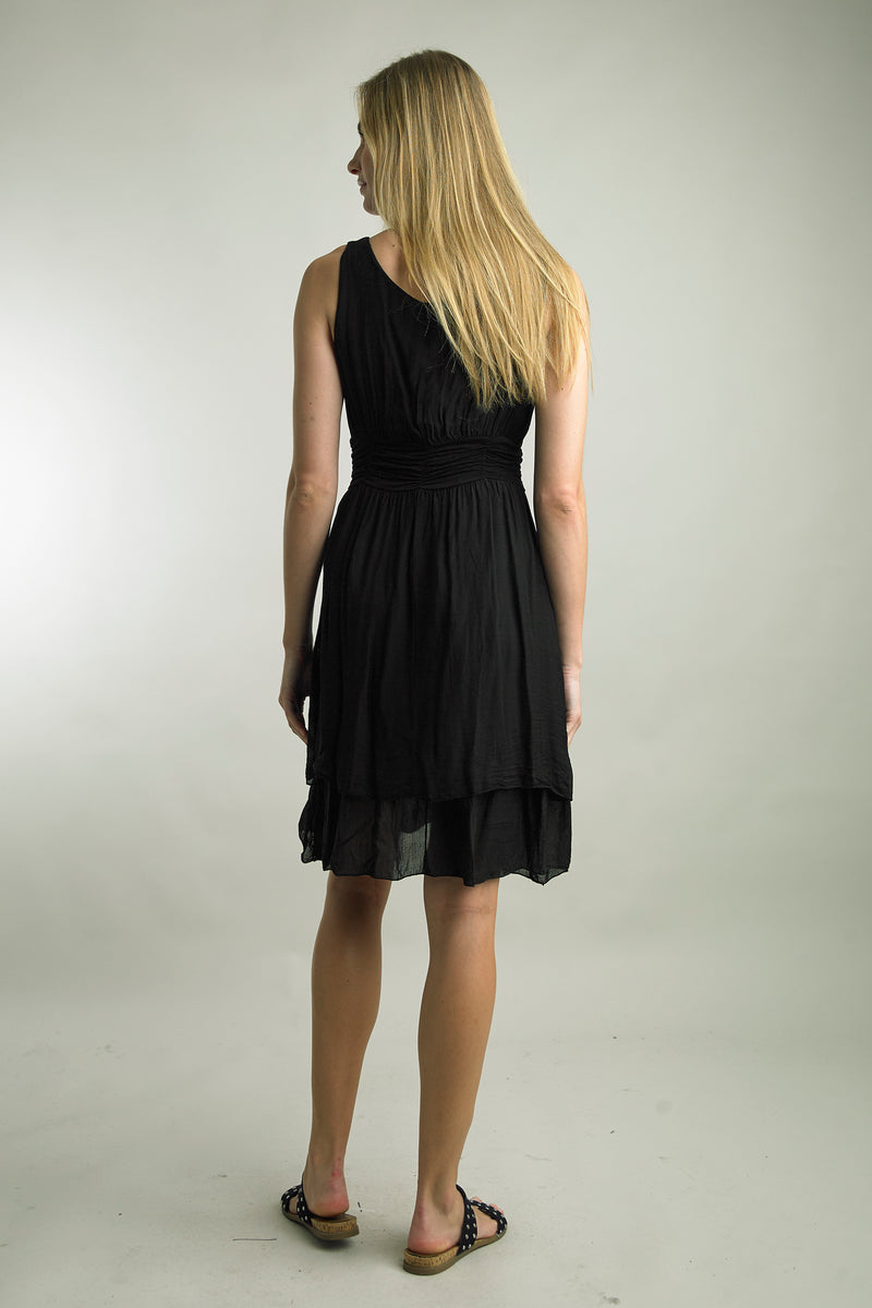 Back view of elegant sleeveless black midi dress by Tempo Paris