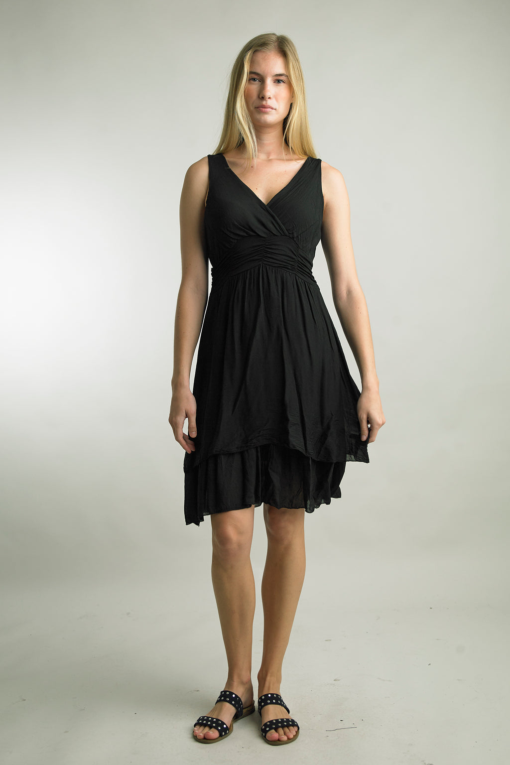 Front view of Tempo Paris black silk blend dress with V-neck and layered hem