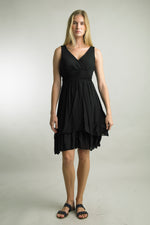 Model wearing black silk blend dress styled for a summer event