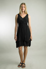 Front view of Tempo Paris black silk blend dress with V-neck and layered hem