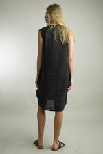 Tempo Paris Slora Linen Dress with knee-length bubble hem and floral embroidery in black