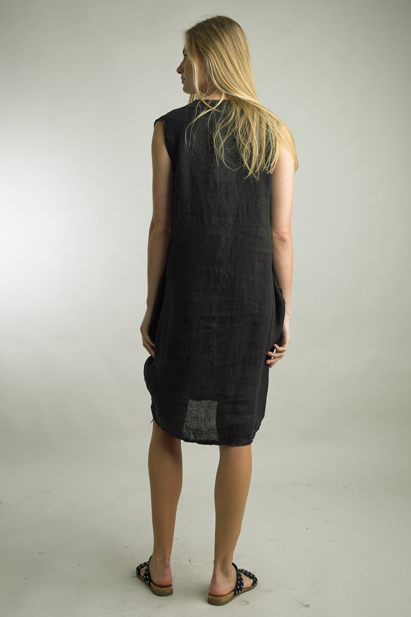 Tempo Paris Slora Linen Dress with knee-length bubble hem and floral embroidery in black