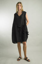 Relaxed fit Tempo Paris Slora Linen Dress with Mao collar and bubble hem in black
