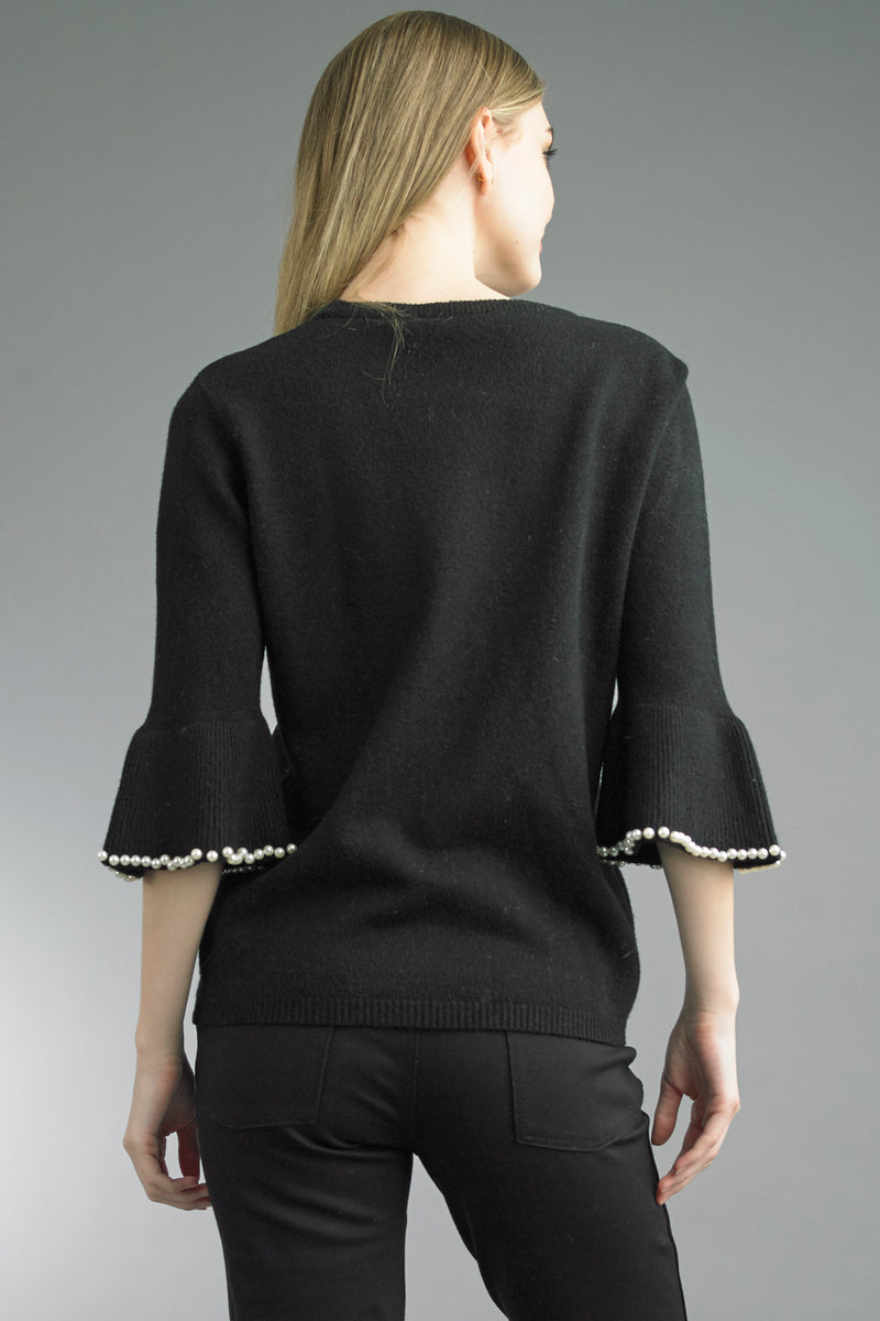 Chic knit sweater with unique pearl sleeve accents