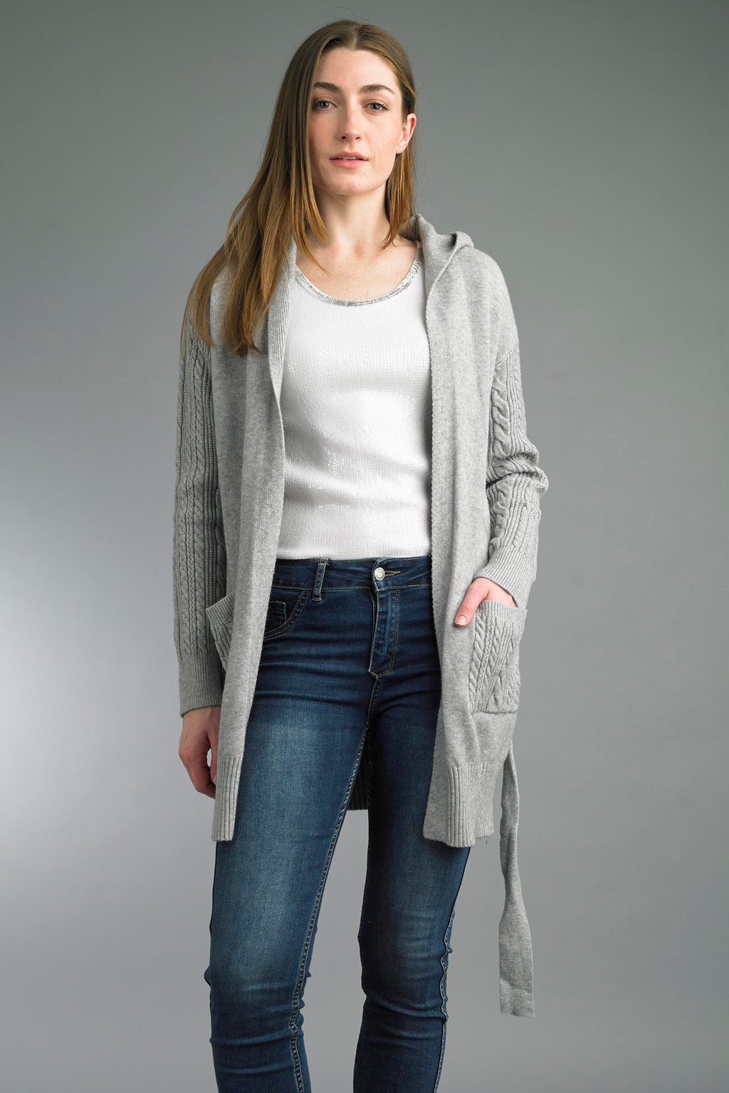 Tempo Paris Cable Hoodie Sweater with tie waist and hood
