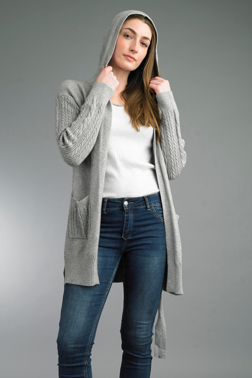 Tempo Paris Cable Hoodie Sweater with tie waist and hood