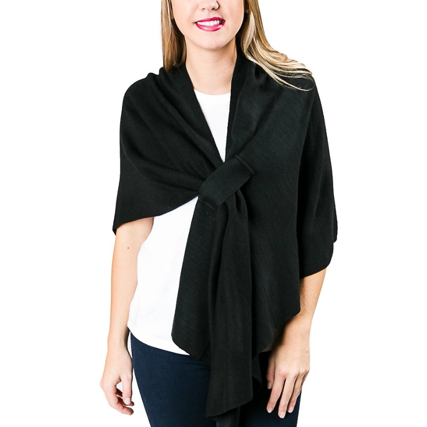Katie Knit Solid Keyhole Wrap with secure keyhole closure and tapered back. In Black