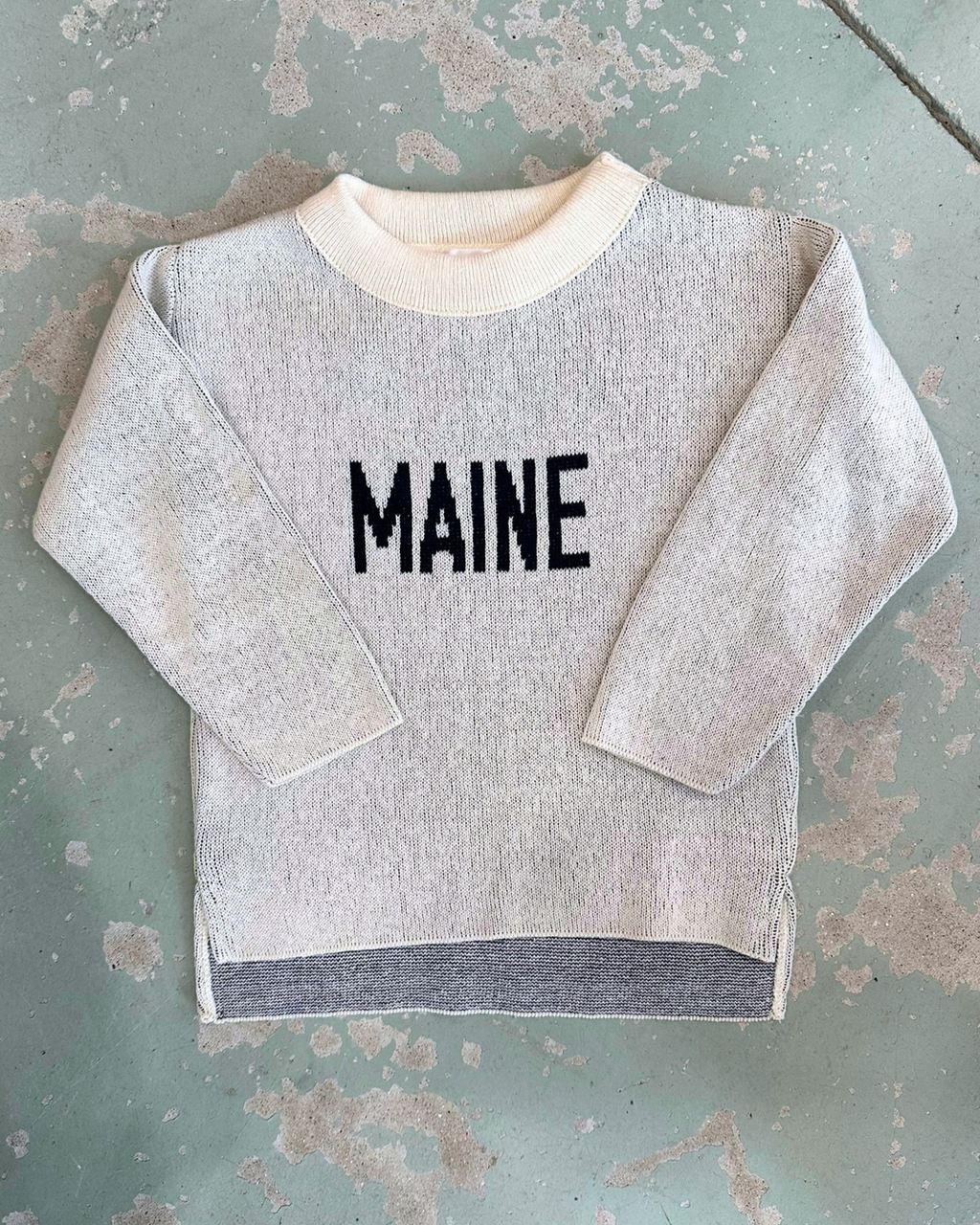 Kids relaxed fit Maine flag sweater with knit “Maine” on the front