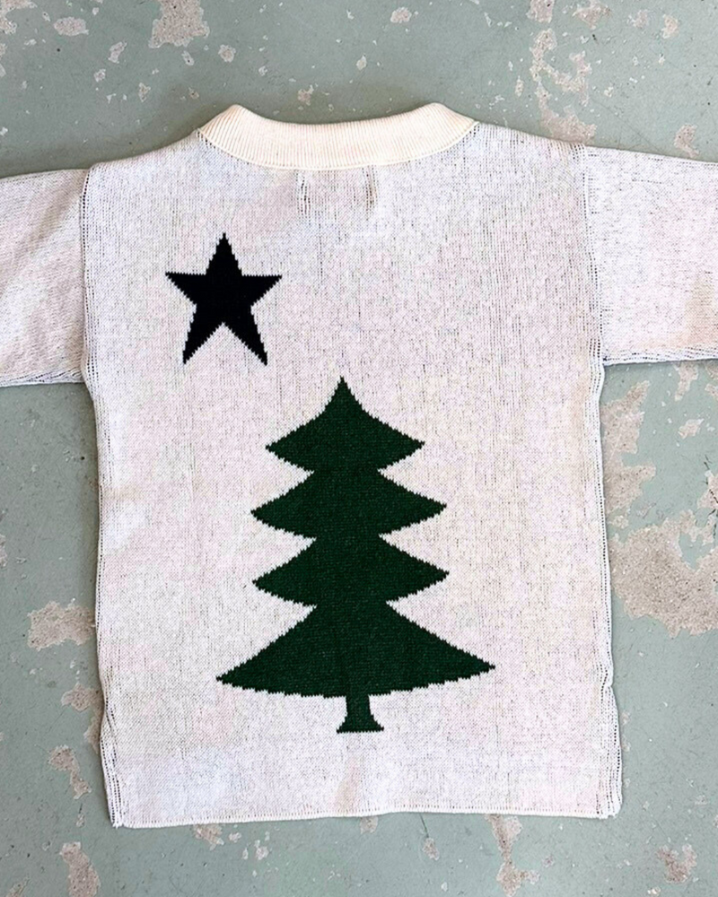 Back of kids sweater with original Maine flag blue star and green pine design