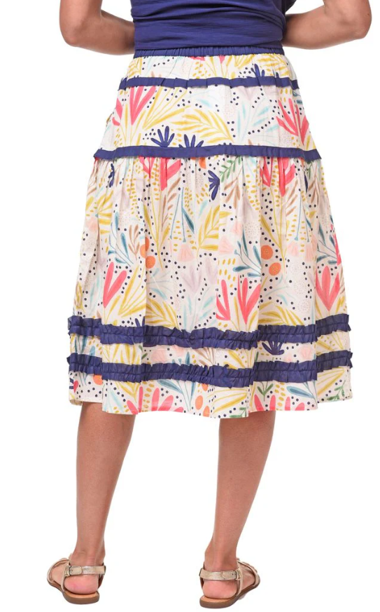 Back view of lightweight cotton floral skirt with elastic waistband