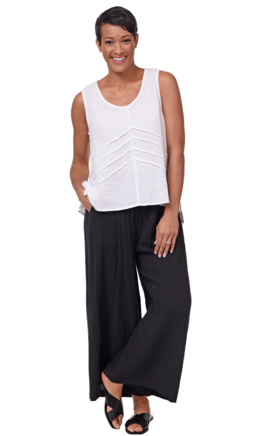 Model wearing Tulip Palazzo Pants styled with a breezy summer top