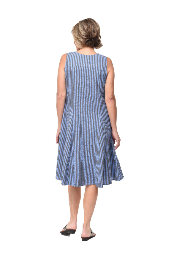 Sleeveless cotton V-neck dress with pleated bodice and pockets in a relaxed, below-the-knee silhouette in the color Doyle Stripe from the back